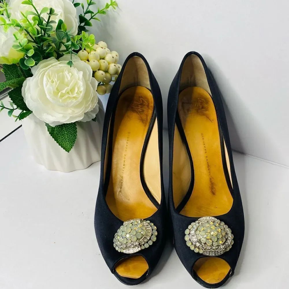 🛍️ Giuseppe Zanotti Satin Crystal Embellishments Peep Toe Pumps
